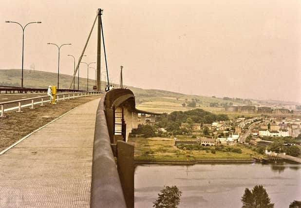 Looking north across the Erskine Bridge east footway in July 1971. Old Kilpatrick ferry terminal visible. 