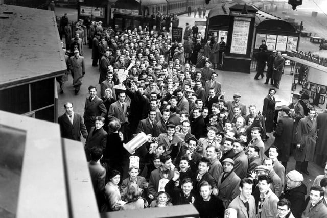 In March 1959 there was still a railway station at the west end of Princes Street (known as Princes Street, or Caledonian, Station). Hibs fans are pictured queuing up for a special train to Glasgow in March 1959 to see their team lose 2-1 to Third Lanark in the Scottish Cup.