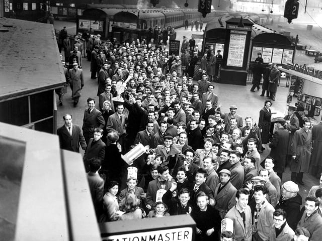 In March 1959 there was still a railway station at the west end of Princes Street (known as Princes Street, or Caledonian, Station). Hibs fans are pictured queuing up for a special train to Glasgow in March 1959 to see their team lose 2-1 to Third Lanark in the Scottish Cup.