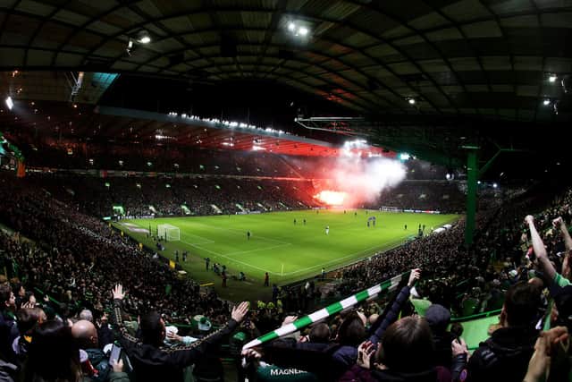 A crowd view from Celtic Park on the night that the home crowd flicked the switch for their team's electrifying derby success with the return of fans to grounds giving Ange Postecoglou's men a real impetus for the cinch Premiership campaign. (Photo by Craig Williamson / SNS Group)