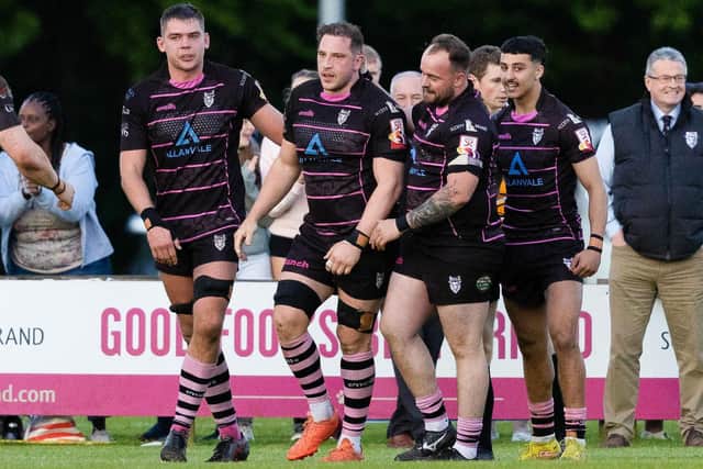 Ayrshire Bulls' Blair Macpherson celebrates after scoring a try during a FOSROC Super Series Sprint final against Heriot's at Millbrae.