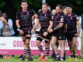 Ayrshire Bulls' Blair Macpherson celebrates after scoring a try during a FOSROC Super Series Sprint final against Heriot's at Millbrae.