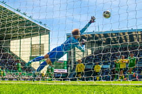 Callum McGregor's goal from 30 yards flies past Hibs 'keeper Josep Bursik to make it 2-0 to Celtic (Photo by Alan Harvey / SNS Group)