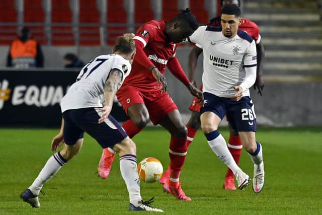 Leon Balogun, in action against Royal Antwerp in Belgium on Thursday night, is confident he will still be a Rangers player next season. (Photo by DIRK WAEM/BELGA/AFP via Getty Images)