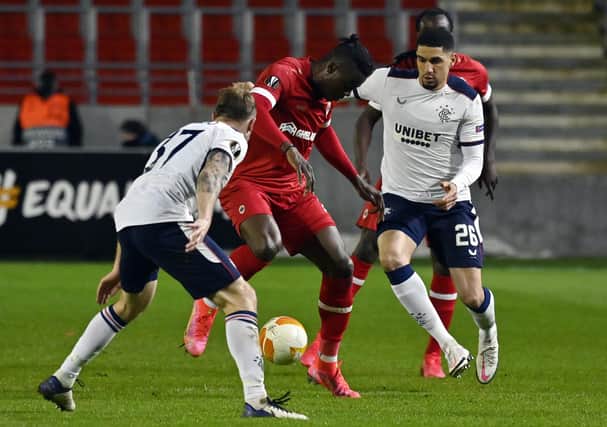 Leon Balogun, in action against Royal Antwerp in Belgium on Thursday night, is confident he will still be a Rangers player next season. (Photo by DIRK WAEM/BELGA/AFP via Getty Images)