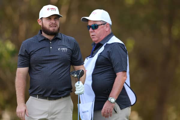 Tyrrell Hatton pictured with caddie Mick Donaghy during the 2023 Hero Cup at Abu Dhabi Golf Club. Picture: Andrew Redington/Getty Images.