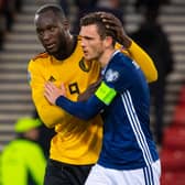 GLASGOW, SCOTLAND - SEPTEMBER 9: Scotland's Andy Robertson is consoled by Romelu Lukaku at full time during a UEFA Euro 2020 qualifier between Scotland and Belgium, at Hampden Park, on September 9, 2019, in Glasgow, Scotland. (Photo by Alan Harvey / SNS Group)