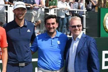 Yasir Al-Rumayyan, chief of Saudi Arabia's Public Investment Fund and now set to become chairman of a powerful new entity in golf, is pictured with Dustin Johnson and DP World Tour CEO Keith Pelley during the 2019 Saudi International at the Royal Greens Golf & Country Club in King Abdullah Economic City. Picture: Ross Kinnaird/Getty Images.