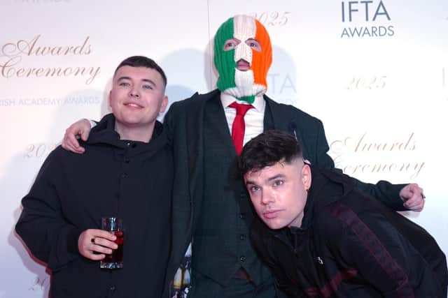 Members of Kneecap, from left, Liam Og O Hannaigh (Mo Chara), JJ O'Dochartaigh (aDJ Provai) and Naoise O Caireallain (Moglai Bap). Photo: Brian Lawless/PA Wire