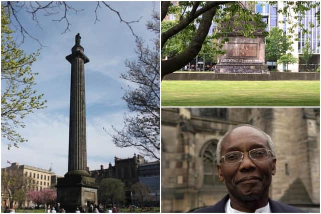 Melville Monument in St Andrew Square (left) and the base graffitied shortly after the Black Lives Matter protest on Sunday, June 7. Sir Geoff Palmer pictured bottom right.