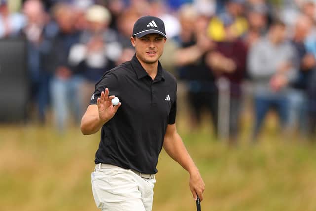 Ludvig Aberg acknowledges the crowd during day two of the Genesis Scottish Open at The Renaissance Club in East Lothian. Picture: Andrew Redington/Getty Images.
