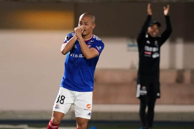 Daizen Maeda celebrates scoring for Yokohama F.Marinos en route to his J-League golden boot last year.  (Photo by Etsuo Hara/Getty Images)