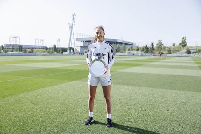 Caroline Weir shows off her Glen's SFWA Women's International Player of the Year.