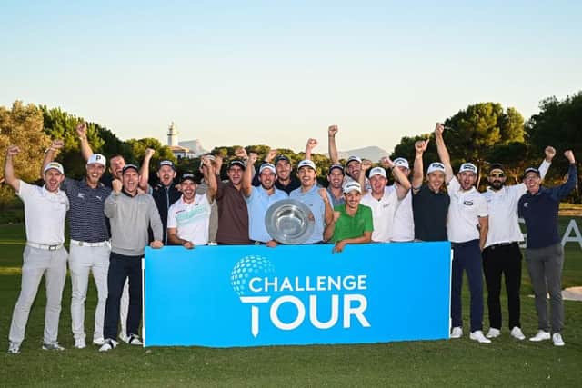 The 20 Challege Tour graduates at the end of the 2023 season celebrate at Club de Golf Alcanada in Mallorca on Sunday night. Picture: Octavio Passos/Getty Images.