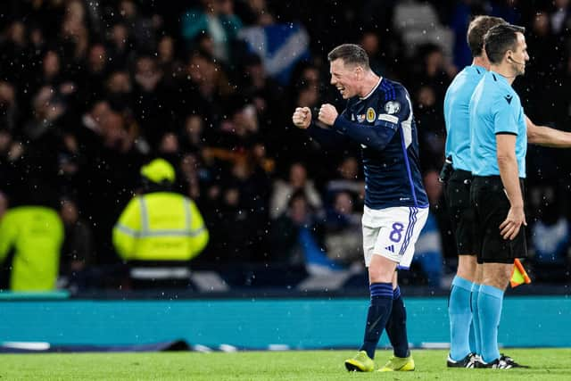 Callum McGregor expresses his delight after Scotland's 2-0 win over Spain. (Photo by Craig Foy / SNS Group)