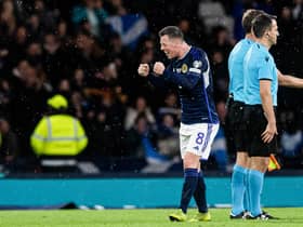 Callum McGregor expresses his delight after Scotland's 2-0 win over Spain. (Photo by Craig Foy / SNS Group)