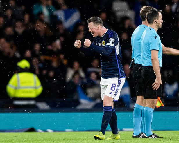 Callum McGregor expresses his delight after Scotland's 2-0 win over Spain. (Photo by Craig Foy / SNS Group)