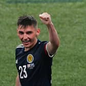 Scotland's midfielder Billy Gilmour - star of the match - reacts after the EURO 2020 Group D draw with England at Wembley (Photo by FACUNDO ARRIZABALAGA/POOL/AFP via Getty Images)