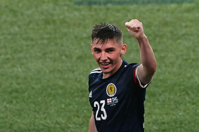 Scotland's midfielder Billy Gilmour - star of the match - reacts after the EURO 2020 Group D draw with England at Wembley (Photo by FACUNDO ARRIZABALAGA/POOL/AFP via Getty Images)