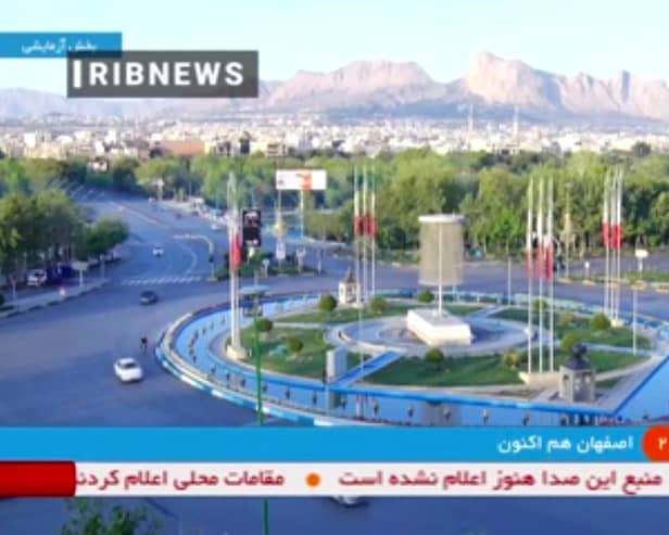 A handout image grab made available by the Iranian state TV, the Islamic Republic of Iran Broadcasting (IRIB), shows what the TV said was a live picture of the city of Isfahan following reports of explosions heard in the province in central Iran. Picture: Iranian State TV (IRIB)/AFP via Getty Images
