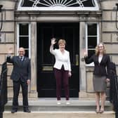 Nicola Sturgeon and Scottish Green co-leaders Patrick Harvie and Lorna Slater at Bute House on the day they were appointed to government.