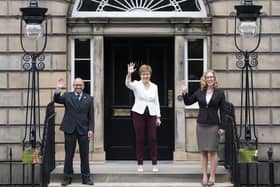 Nicola Sturgeon and Scottish Green co-leaders Patrick Harvie and Lorna Slater at Bute House on the day they were appointed to government.