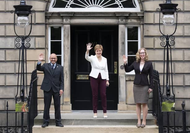 Nicola Sturgeon and Scottish Green co-leaders Patrick Harvie and Lorna Slater at Bute House on the day they were appointed to government.
