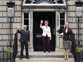 Nicola Sturgeon and Scottish Green co-leaders Patrick Harvie and Lorna Slater at Bute House on the day they were appointed to government.