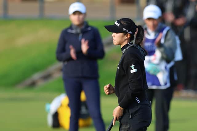 Lydia Ko reacts to holing her birdie on the 18th green in the final round at St Andrews. Picture: Luke Walker/Getty Images.