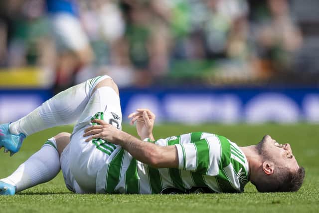 Celtic's Josip Juranovic was injured during Celtic's Scottish Cup semi-final defeat to Rangers at Hampden on April 17. (Photo by Ross MacDonald / SNS Group)