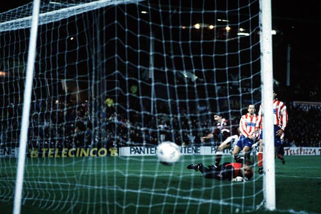 John Colquhoun puts Hearts two up against Atletico Madrid in 1993: "The loudest noise I heard at Tynecastle in my career"