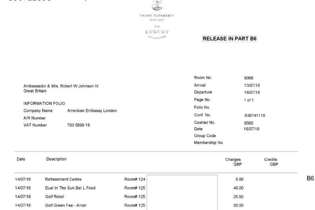 The Trump Turnberry receipt itemises the spending by Woody Johnson, the US ambassador to the UK.
