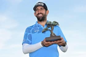 Frenchman Matthieu Pavon poses with the trophy after winning the Farmers Insurance Open at Torrey Pines in La Jolla, California. Picture: Orlando Ramirez/Getty Images.