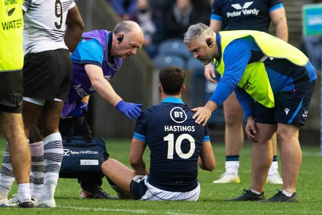 Adam Hastings was injured early in the second half against Fiji.  (Photo by Ross Parker / SNS Group)