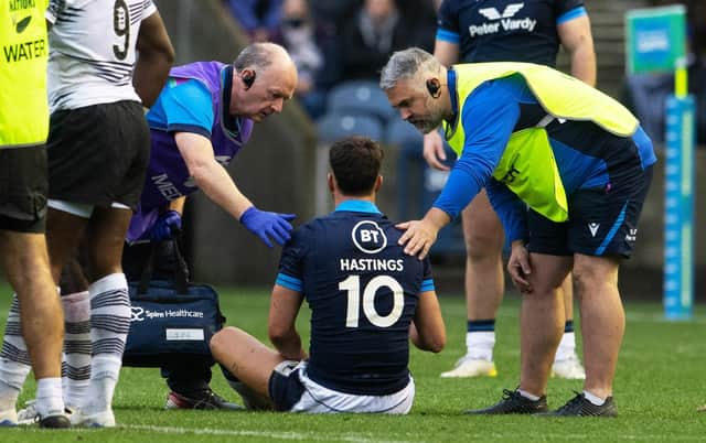 Adam Hastings was injured early in the second half against Fiji.  (Photo by Ross Parker / SNS Group)