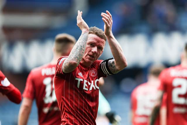 Jonny Hayes applauds the travelling Aberdeen support at Ibrox during the 1-0 defeat by Rangers.