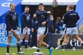 Scotland's centre Cameron Redpath (C) takes part in an Scotland team training session at Twickenham Stadium in south west London on February 5, 2021, ahead of the Six Nations rugby union match between England and Scotland on February 6. (Photo by Adam Davy / POOL / AFP) (Photo by ADAM DAVY/POOL/AFP via Getty Images)