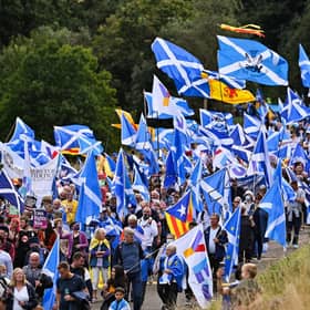 Scottish pro-independence supporters hold a march and rally outside the Scottish Parliament in Edinburgh. Photo by Jeff J Mitchell/Getty