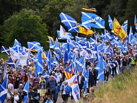Scottish pro-independence supporters hold a march and rally outside the Scottish Parliament in Edinburgh. Photo by Jeff J Mitchell/Getty