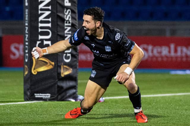 Glasgow's Sean Kennedy celebrates his try for Glasgow Warriors against Dragons. Picture: Ross MacDonald/SNS