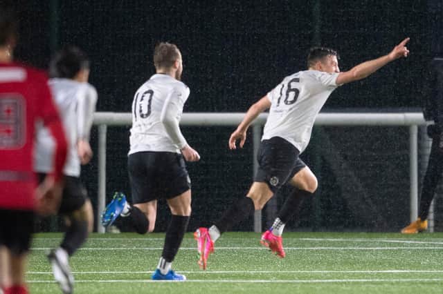 Josh Campbell wheels away after netting the goal that took Edinburgh City to the League One play-off final