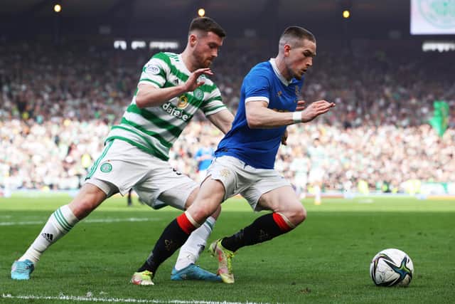Celtic defender Anthony Ralston shows Rangers winger Ryan Kent at Hampden - with the full-back maintaining the loss at Hampden a fortnight ago won't enter the home side's thinking as they host the Ibrox side in a derby that could all but deliver them the title. (Photo by Alan Harvey / SNS Group)