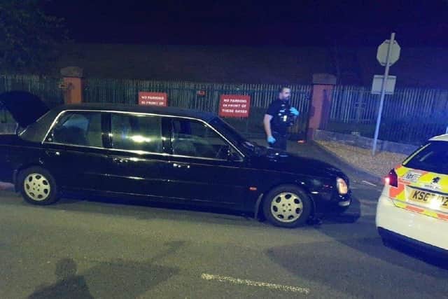 The suspect was behind the wheel of the black limo-type car seen spotted driving erratically exiting the M60. Picture: Greater Manchester Police/Facebook/PA Wire