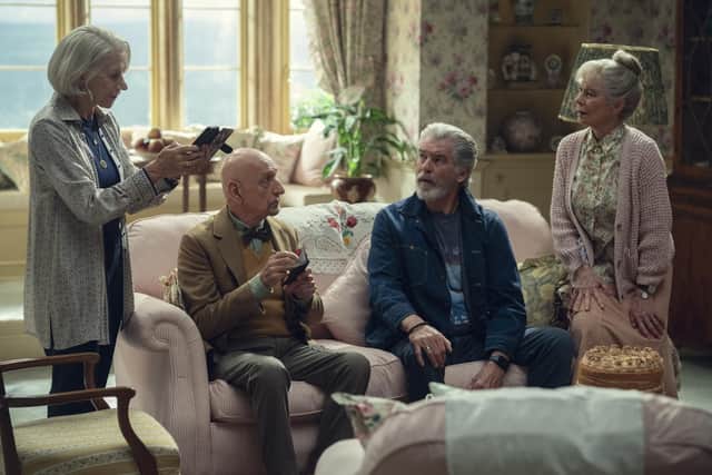 The Thursday Murder Club (L to R) Helen Mirren, Sir Ben Kingsley, Pierce Brosnan, and Celia Imrie