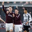 Lawrence Shankland celebrates with Barrie McKay after scoring to make it 2-0 for Hearts against St Mirren. Photo by Ross Parker / SNS Group