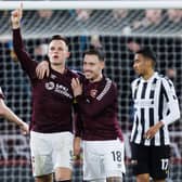 Lawrence Shankland celebrates with Barrie McKay after scoring to make it 2-0 for Hearts against St Mirren. Photo by Ross Parker / SNS Group