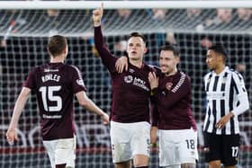 Lawrence Shankland celebrates with Barrie McKay after scoring to make it 2-0 for Hearts against St Mirren. Photo by Ross Parker / SNS Group