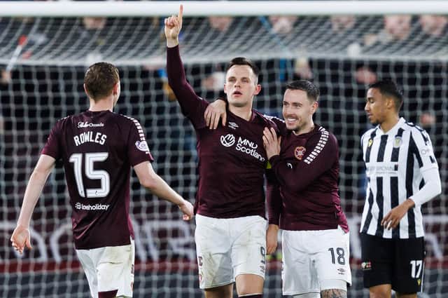 Lawrence Shankland celebrates with Barrie McKay after scoring to make it 2-0 for Hearts against St Mirren. Photo by Ross Parker / SNS Group