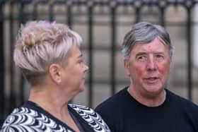 David Lorimer, husband of the late Caren Lorimer,  with his niece Joanne Hughes, outside the Court of Session, in Edinburgh, following a posthumous appeal against former subpostmaster Caren Lorimer. Photo: Jane Barlow/PA Wire