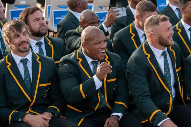 Eben Etzebeth, Bongi Mbonambi and Duane Vermeulen enjoy the sunshine in Toulon as the South Africa squad attend their official Rugby World Cup welcome ceremony. (Photo by Coust Laurent/ABACA/Shutterstock)